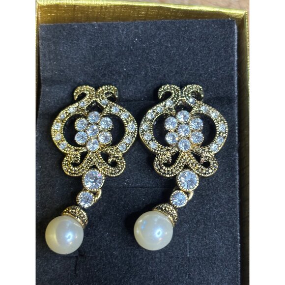 Gold Tone Crystal Pearl Dangle Earrings - Picture 5 of 7